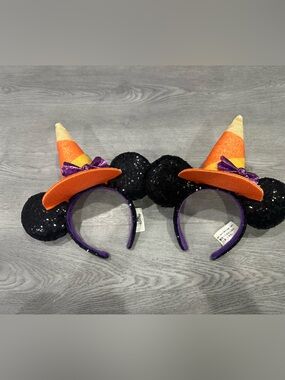 Disney Black Sequin Minnie Ears Headband with Orange & Purple Witch Hats